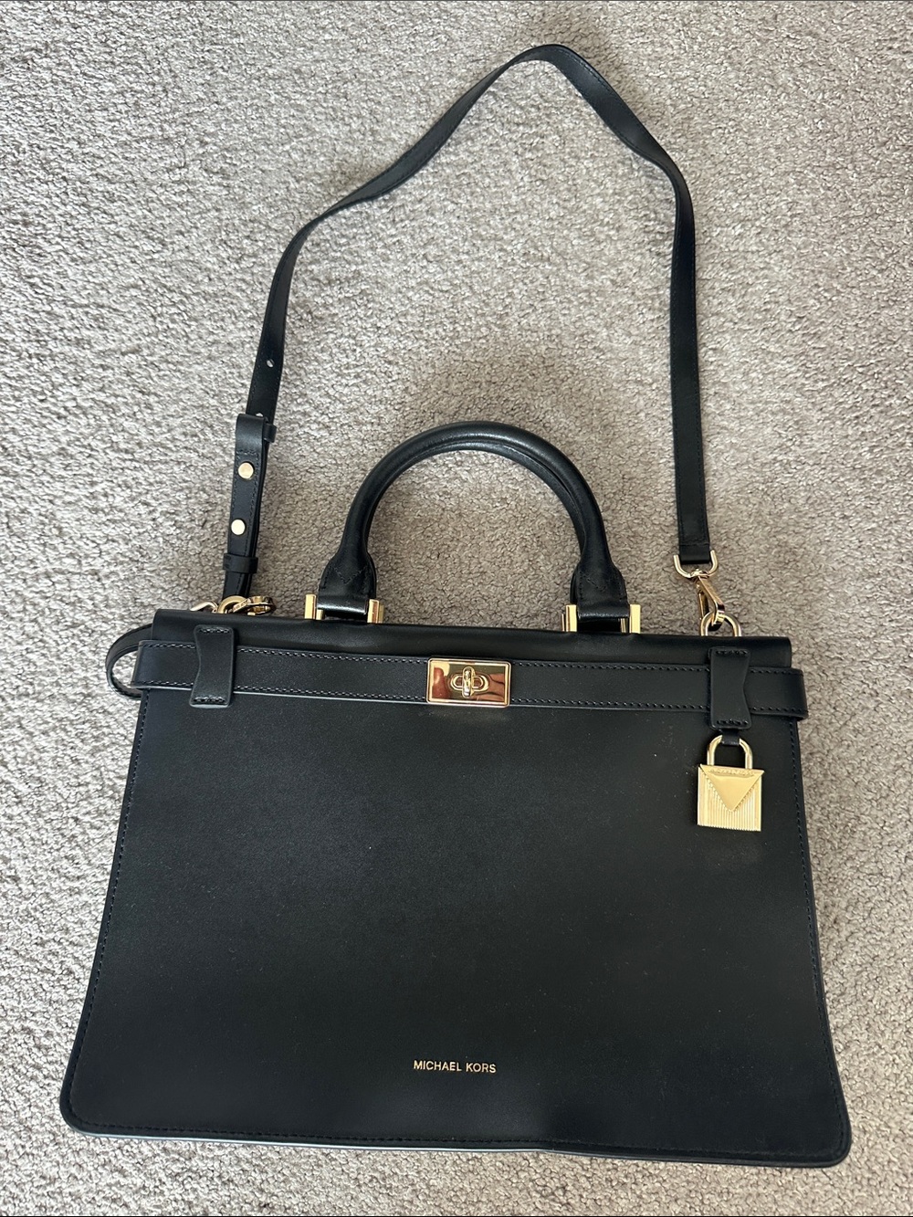Michael Kors Black Leather Satchel with Gold Hardware and Lock Charm